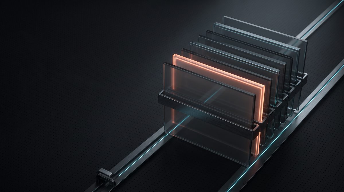 Una serie di lastre di vetro allineate su binari metallici, con una lastra che si illumina di arancione.