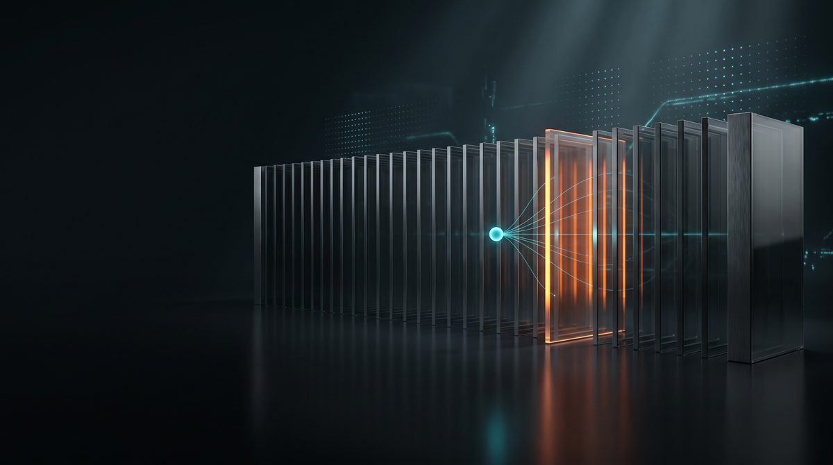 Una serie di lastre verticali allineate su una superficie scura, con una lastra illuminata di arancione e un nodo luminoso.